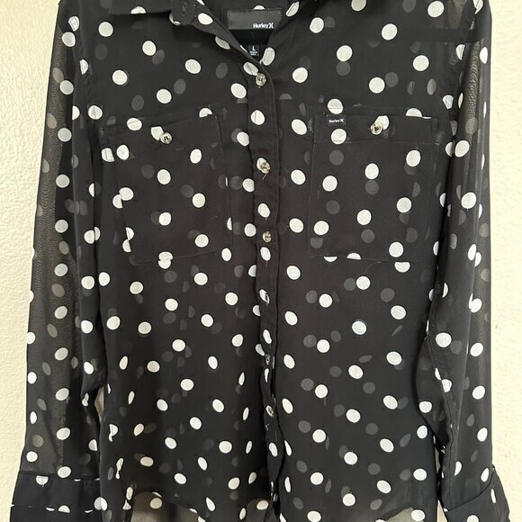 Hurley Black and White Polka Dot‎ Womens Long Sleeve Blouse Size Large - Picture 2 of 7